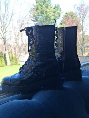 Michael Kors Black Patent Logo Combat Boots